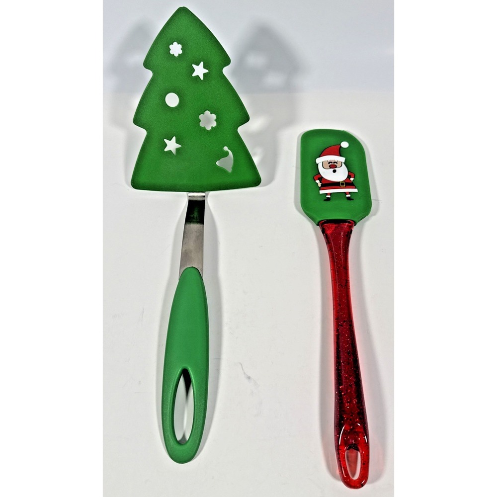 Unbranded Christmas Spatula and Pie Server Set OS Green Santa Tree Glitter